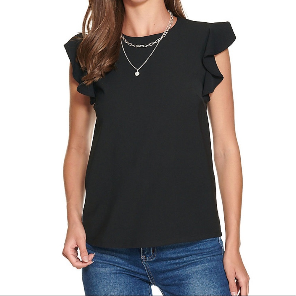 TCEC Women’s Black short-sleeve flutter sleeve top.